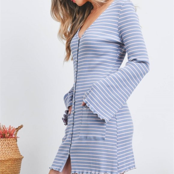 Ribbed Stripe Dress Front Button Bell Sleeve Dress - Picture 7 of 8